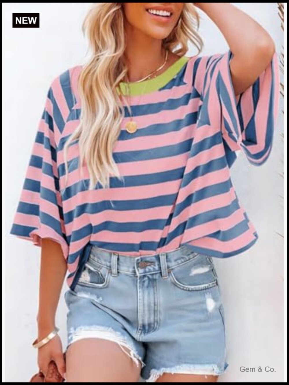 Striped Loose Fit V-Neck T-Shirt Short Sleeve Essential Top - Picture 2 of 6